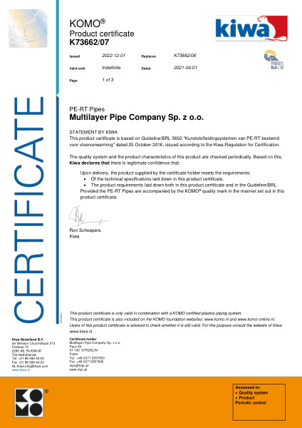 Certificaat KOMO K73662/07 PE-RT Pipes Wavin Vloerverwarming