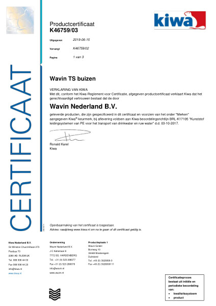 Certificaat Kiwa K46759/03 Wavin TS buizen