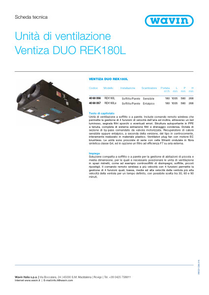 Scheda tecnica Ventiza Duo REK180L