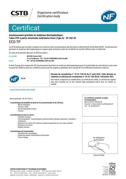 Certificat NF 442 - Eco TP - Varennes