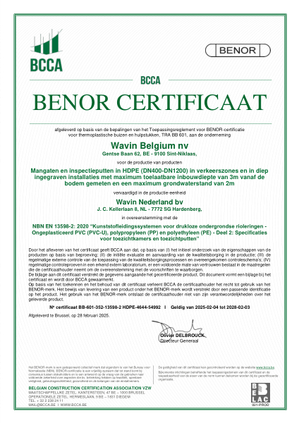 Certificaat BENOR HDPE EN 13598-2 Mangaten en inspectieputten in HDPE (DN400-DN1200) - Geldig tot 03.02.2028