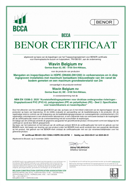 Certificaat BENOR HDPE EN 13598-2 Mangaten en inspectieputten in HDPE (DN400-DN1200) - Geldig tot 31.08.2025