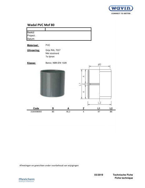 Technische fiche / Fiche technique Wadal PVC Mof 80 / Wadal PVC Manchon 80