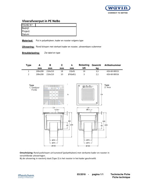 Technische fiche Vloerafvoerput PE NeBo / Fiche technique Siphon de sol en PE