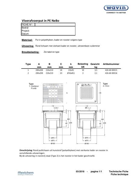 Technische fiche Vloerafvoerput PE NeBo / Fiche technique Siphon de sol en PE