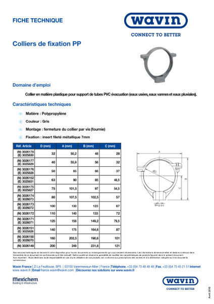 Fiche technique - Colliers de fixation PP