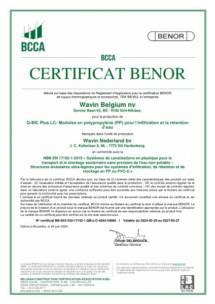 Certificat BENOR PP NBN EN 17152-1 Q-Bic Plus LC - Modules de polypropylène (PP) pour l'infiltration et la rétention d'eau (Hardenberg) - Valable au 27.05.2027