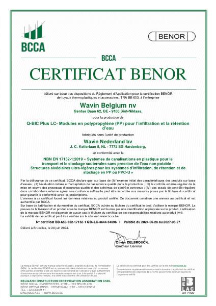 Certificat BENOR PP NBN EN 17152-1 Q-Bic Plus LC - Modules de polypropylène (PP) pour l'infiltration et la rétention d'eau (Hardenberg) - Valable au 27.05.2027