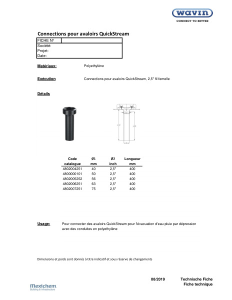 Fiche technique Connections pour avaloirs Quickstream