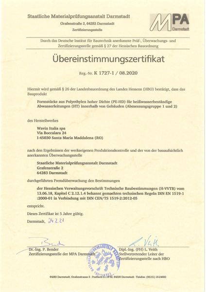 Übereinstimmungszertifikat Formstücke aus Polyethylen hoher Dichte (PE-HD) für Abwasserleitungen (HT)