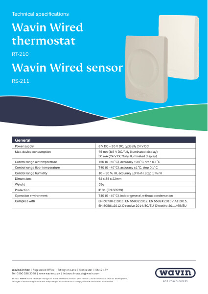 Wavin Sentio Wired Thermostat and Sensor Data Sheet