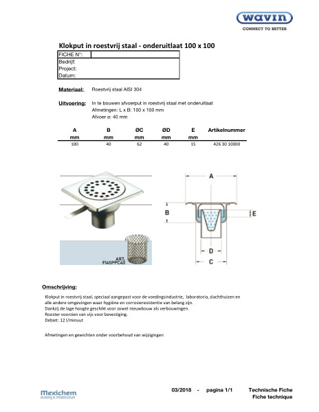 Klokput in roestvrij staal - Onderuitlaat / siphon de cour en inox sortie verticale 100x100 