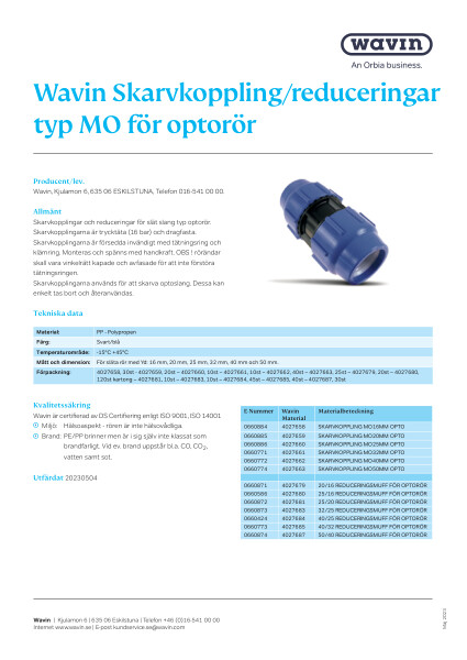 Wavin Opto_MO Skarvkoppling Reduceringar 