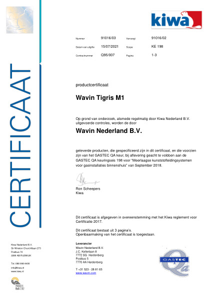 Certificaat GASTEC QA Q 95/007 K91016/03 Wavin Tigris M1