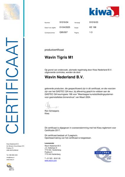 Certificaat GASTEC QA Q95/007 K91016/04 Wavin Tigris M1