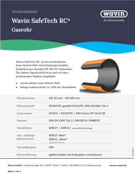 Produktdatenblatt Wavin SafeTech RCn Gas