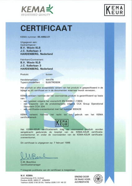 Certificaat KEMA-KEUR 95.4992.01 Elektrosokken 5/8" en 3/4"