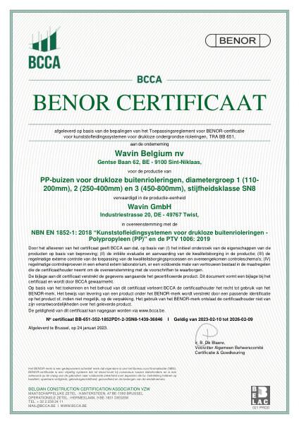 Certificaat BENOR PP EN 1852 PP-buizen voor drukloze buitenrioleringen D1, D2 en D3 SN8 Twist - Geldig tot 09.02.2026