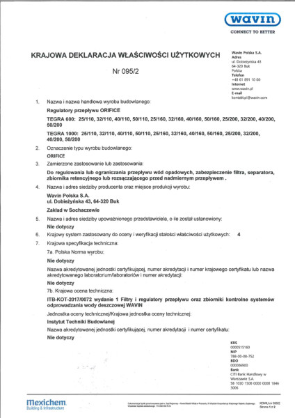 Archiwum_KDWU 095/2 Regulatory przepływu Orifice, 26.04.2019-20.01.2021