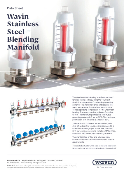 Wavin IE UFH Stainless Steel Blending Manifold Data Sheet