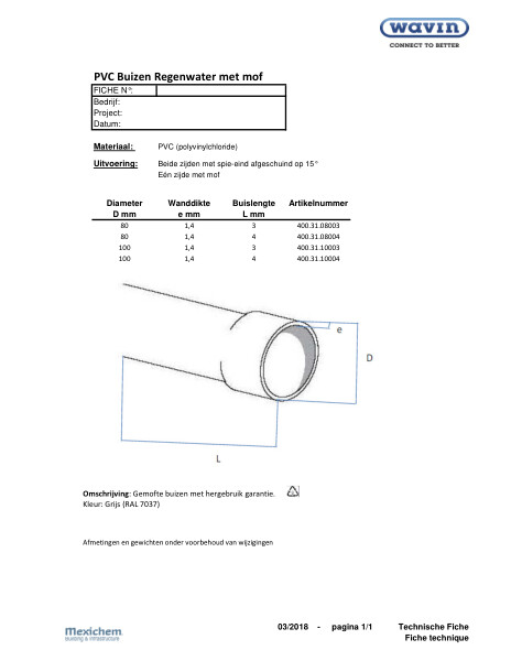 PVC Buizen Regenwater met mof / Tuyau de décharge eau pluviale, manchonné