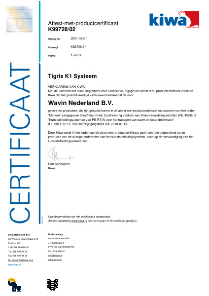 Certificaat Kiwa K99728/02 Tigris K1 Systeem Ø75mm