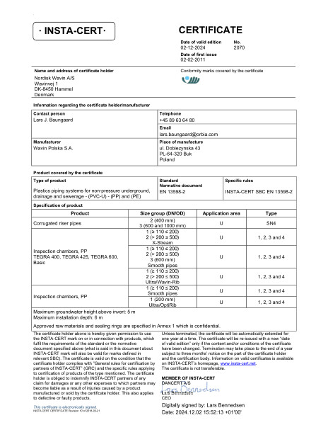 INSTA-CERT - No. 2070 - Inspection chambers, PP TEGRA 400, TEGRA 425, TEGRA 600, Basic