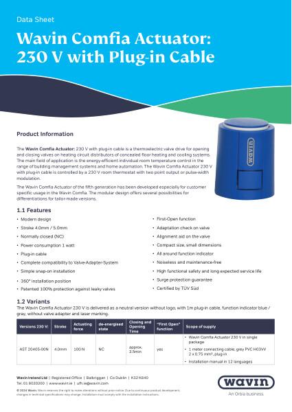 Wavin IE UFH Actuator 230 V with plug-in cable Data Sheet March 24