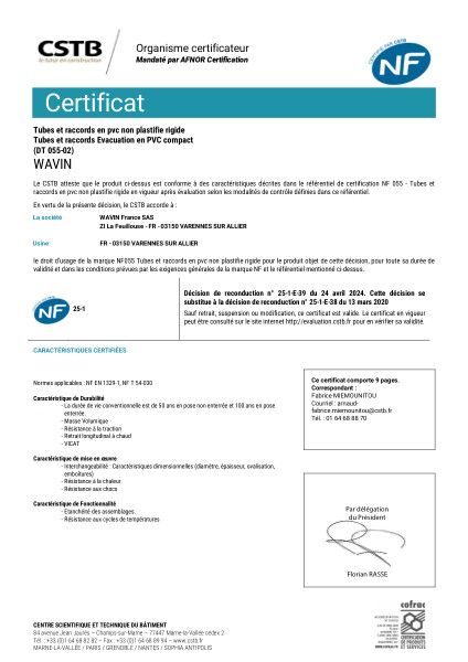 CERTIFICAT NF-E Wavin Raccords Evacuation