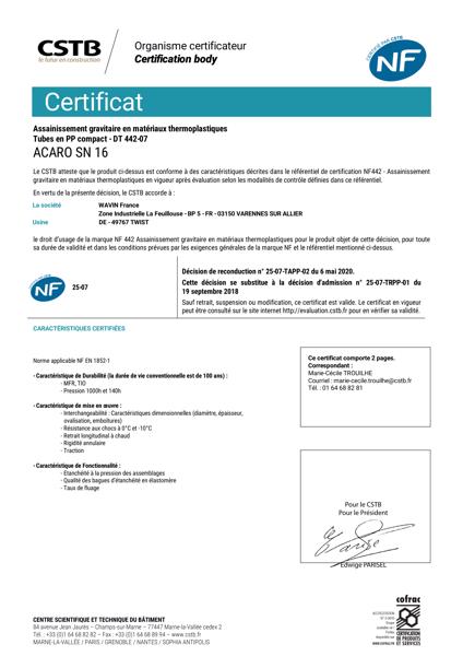 Certificat NF 442 - Acaro SN16 - Twist