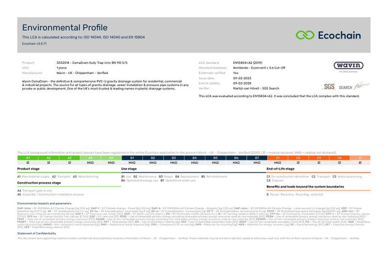 Wavin - UK - Chippenham - Verified-3032514 - OsmaDrain Gully Trap Univ BN 110 SS-2020-environmental-profile 2023-04-24 1158