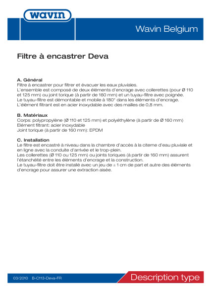 Description types filtre à encastrer Deva