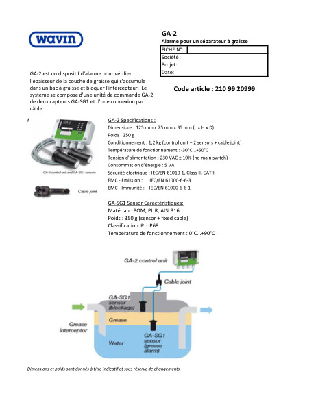 Fiche technique GA-2 Alarme pour un séparateur à graisse