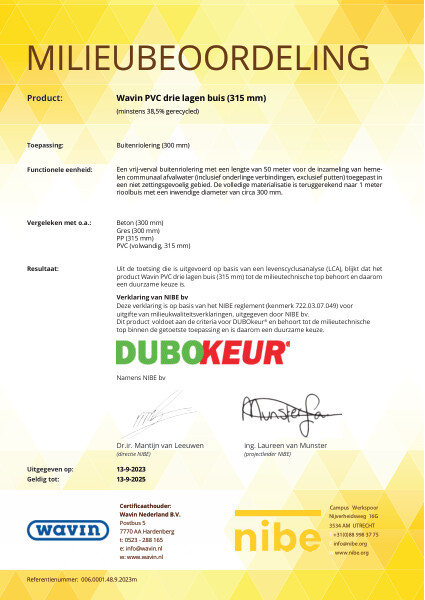 Milieubeoordeling DUBOkeur Wavin PVC drie lagen buis buitenriolering Ø315mm - Geldig tot 13-9-2025