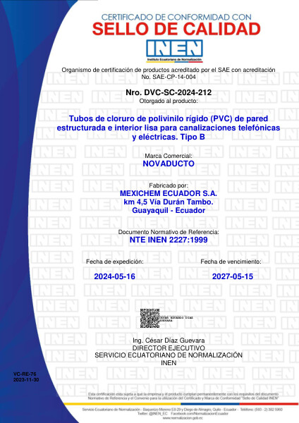 Sello Tubo PVC Estructurado Eléctrico y Telefónico Novaducto TDP (NTE INEN 2227)