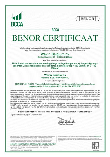 Certificaat BENOR PP EN 1451 PP-Hulpstukken voor binnenriolering (hoge en lage temperatuur) C1,2,3, D1 en 2 Hammel - Geldig tot 30.09.2027