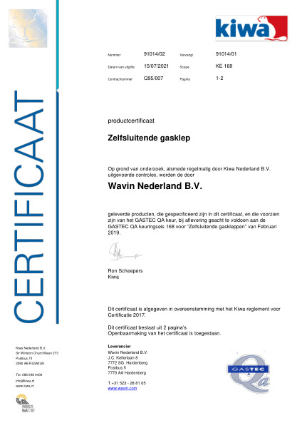 Certificaat GASTEC QA Q 95/007 K91014/01 Zelfsluitende gasklep voor gasloos aanboren en blazen zetten