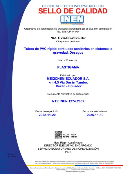 Sello Tubo PVC Desague INEN 1374