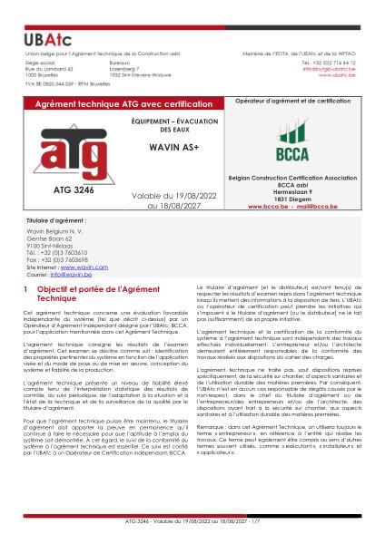Agrément technique ATG avec certification Wavin AS+