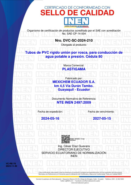 Sello Tubo PVC Presión Unión por Rosca Cédula 80 (NTE INEN 2497)