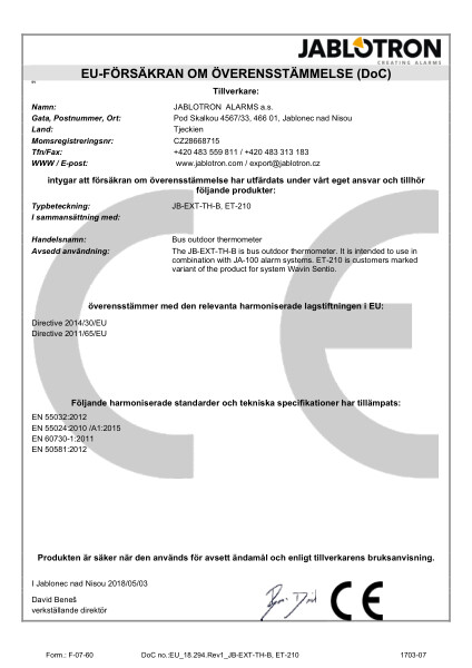 Försäkran om överensstämmelse (DoC) - Bus outdoor thermometer JB-EXT-TH-B, ET-210