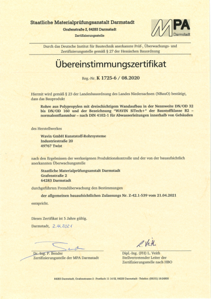Übereinstimmungszertifikat Rohre aus Polypropylen Wavin SiTech+
