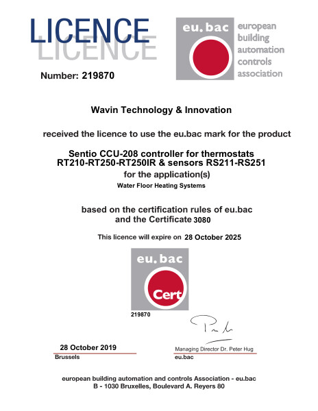 Certificaat Licentie EU BAC Sentio Regelsysteem Vloerverwarming