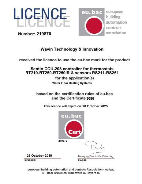 Certificaat Licentie EU BAC Sentio Regelsysteem Vloerverwarming