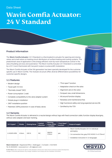 Wavin IE 24V Actuator Standard Data Sheet