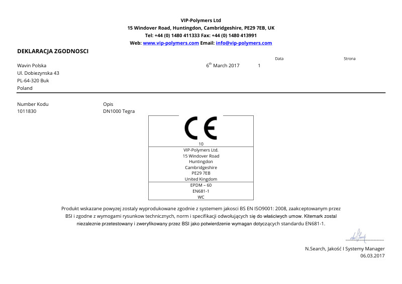 Deklaracja zgodności CE na uszczelki VIP do Tegry 1000