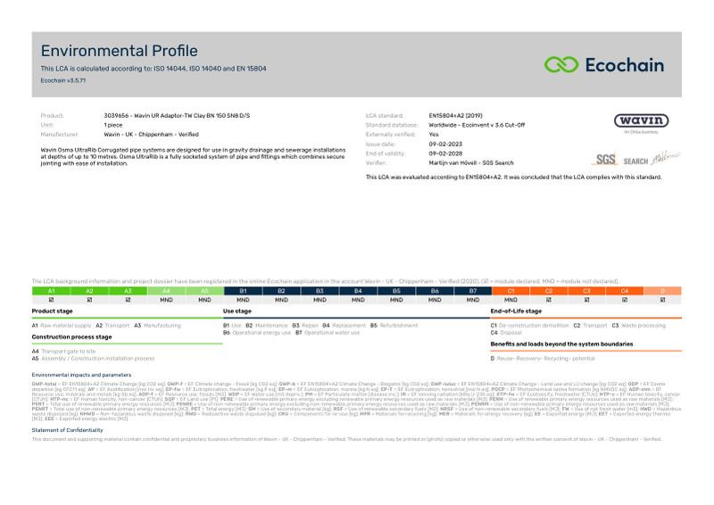 Wavin - UK - Chippenham - Verified-3039656 - Wavin UR Adaptor-TW Clay BN 150 SN8 DS-2020-environmental-profile 2023-04-24 1409