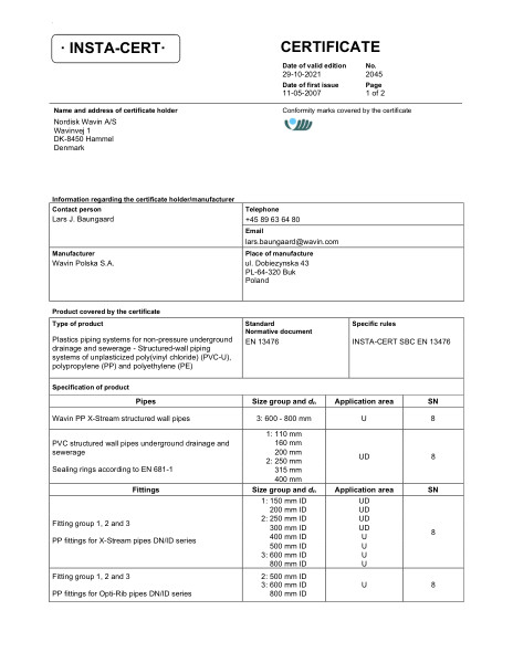 Godkendelse - No. 2045 - X-Stream/Opti-Rib rør og fittings