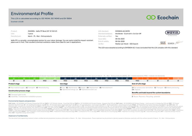 Wavin - PL -Buk - Extra products-3043896 - Wafix PP Bend 30 GY 50 SS-2020-environmental-profile 2023-06-26 1342