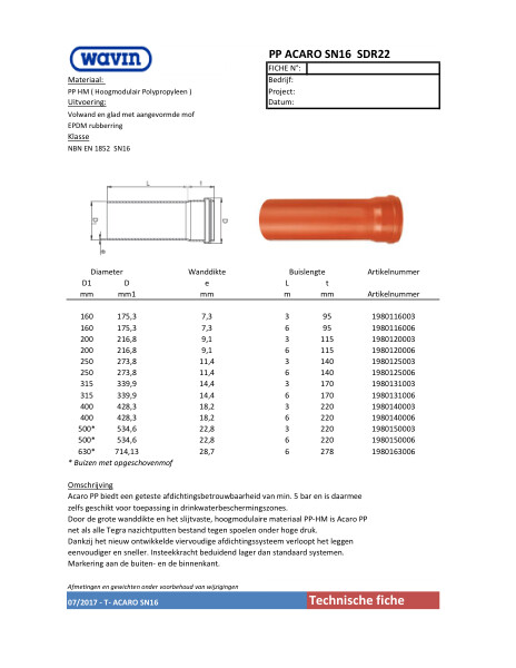 Technische fiche PP ACARO SN16 SDR22